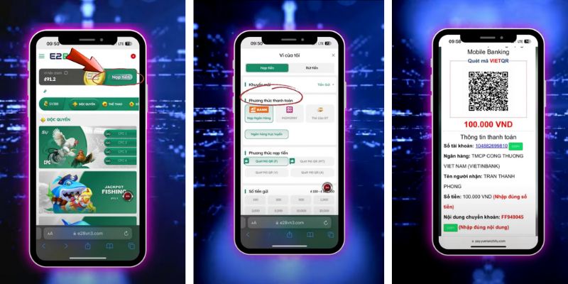 Giao diện nạp tiền tại E2BET cực dễ thao tác